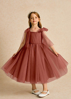 Azazie Dori Robe Demoiselle D'honneur Fillette Robe Trapèze en Tulle Rayé Auburn image6