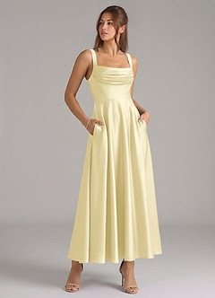 Azazie Shaude Robes de demoiselle d'honneur Robe Trapèze en Satin extensible Plissée Sorbet Citron image3