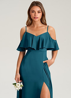 Azazie Jean Brudtärnklänningar Klänning av A-Linje i Stretch Satin Av axeln Bläckblå image6