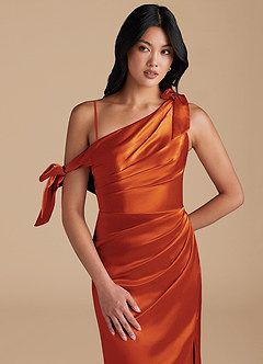 Azazie Xyla Bridesmaid Dresses Paprika Sheath Off the Shoulder Metallic Satin Convertible Dress image2