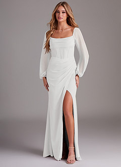 Azazie Charissa Bridesmaid Dresses White Sheath Long Sleeve Chiffon Dress image1