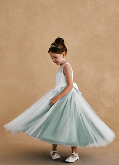 Azazie Bitsy vestidos de niña de las flores Vestido de Marfil Verde Oscuro de Tul de Corte En A con Encaje image3