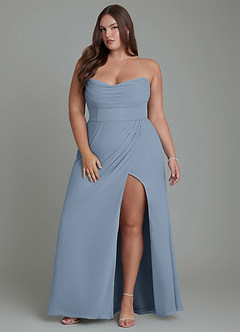 Azazie Johana Vestidos de damas de honor Vestido Azul Polvoriento de Gasa de Corte Sirena Convertible con Hombros descubiertos image16