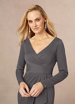 Azazie Risa Final Sale Steel Grey Mermaid V-Neck Pleated Mesh Dress image4