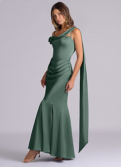 Azazie Inara Bridesmaid Dresses Sea Moss Mermaid Pleated Stretch Satin Dress image4