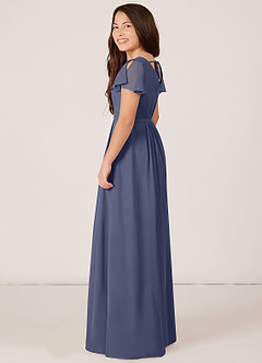 Azazie Peony Junior Robe Trapèze en Mousseline de soie Plissée Bleu Orageux image5