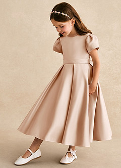 Azazie Princess vestidos de niña de las flores Vestido de Rosa Inglesa de Satin Mate de Corte En A con Plisado image1