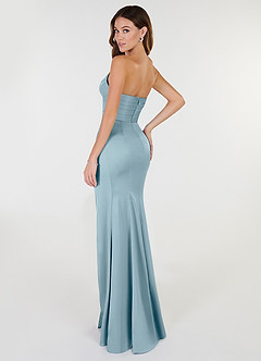 Azazie Yola Vestidos de madrinha de casamento Vestido Azul Temperamental de Cetim elástico de Bainha com Decote em V Plissado image4