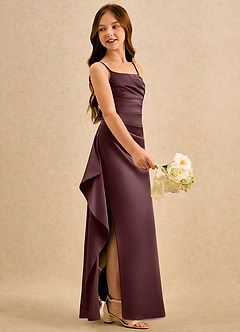 Azazie Cannoli Girls Formal Robe Demoiselle D'honneur Fillette Robe Trapèze en Mat Satiné Plissée Sangria image4