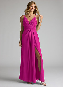 Azazie Maren Allure Vestidos de damas de honor Vestido de Fucsia de Gasa de Corte En A con Cuello en V Encaje image3