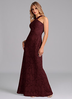 Azazie Doretta Bridesmaid Dresses Cabernet Mermaid Pleated Floral Burnout Dress image4