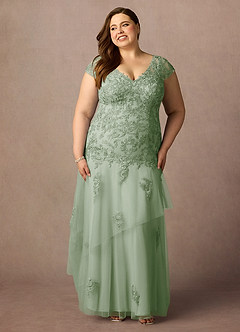 Azazie Romy Mother of the Bride Dresses Dusty Sage Mermaid V-Neck Sequins Tulle Dress image7