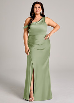 Azazie Madelyn Jurken voor bruidsmeisjes Converteerbaar Jurk van Stretch Satijn met Zeemeermin One-Shoulder Stoffige Salie image10