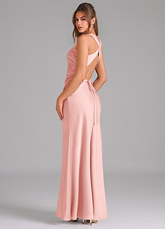 Azazie Evadne 신부 들러리 드레스 쉬스 주름진 스트레치 새틴 바닥 길이 드레스 image5