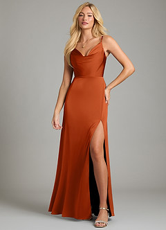 Azazie Sarella Vestidos de damas de honor Vestido de Naranja Quemada de Satén Elástico de Corte en A con Plisado image4