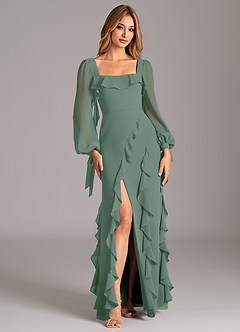 Azazie Candice Bridesmaid Dresses Eucalyptus A-Line Long Sleeve Chiffon Dress image5