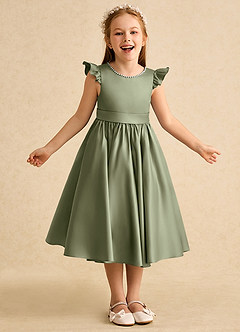 Azazie Dumpling Flower Girl Dresses Pistachio A-Line Bow Matte Satin Dress image2