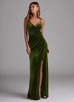 Azazie Maci Bridesmaid Dresses Olive Sheath Pleated Velvet Dress image4