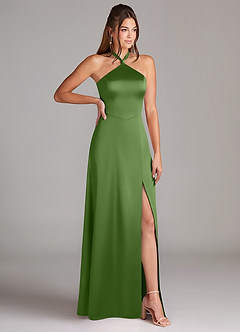 Azazie Elliana At-home Try On Dresses Dusty Blue Sheath Side Slit Stretch Satin Dress image3