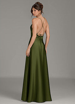 Azazie Eris Bridesmaid Dresses Olive A-Line Pleated Stretch Satin Dress image2