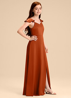 Azazie Everett Junior Abito A-Line in Raso Elasticizzato Fiocco Arancia Bruciata image3