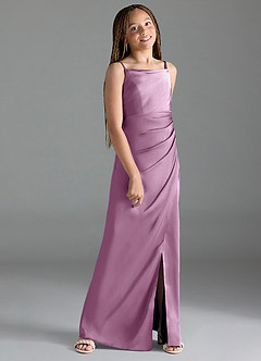 Azazie Leonis Junior Vestido Glicínia de Cetim elástico de Linha A com Plissado image3