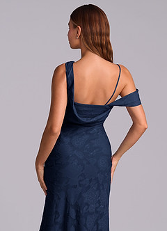 Azazie Madelyn At-home Try On Dresses Dark Navy Mermaid One Shoulder Floral Burnout Convertible Dress image8