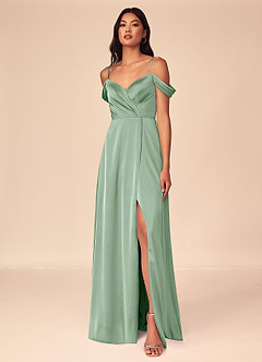 Azazie Ocean Bridesmaid Dresses Agave A-Line V-Neck Pleated Stretch Satin Dress image1