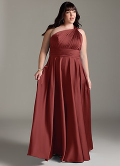 Azazie Charlize Bridesmaid Dresses Terracotta A-Line One Shoulder Stretch Satin Dress image11