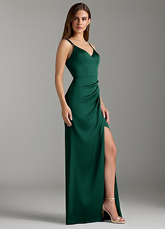 Azazie Leo Bridesmaid Dresses Emerald Sheath Pleated Stretch Satin Dress image3