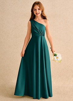 Azazie Puddles Girls Formal Abiti da Ragazza di Fiori Abito A-Line in Raso Opaco Monospalla Verde Pavone image1