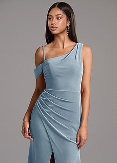 Azazie Madelyn Bridesmaid Dresses Dusty Blue Sheath One Shoulder Velvet Dress image2