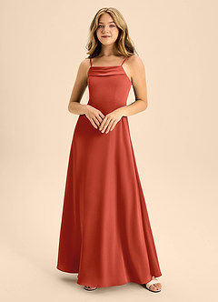 Azazie Anselie Junior Rust A-Line Off the Shoulder Stretch Satin Dress image3