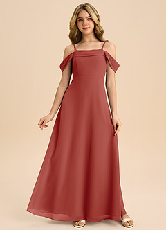 Azazie Anselie Junior Robe Trapèze en Mousseline de soie Épaule décolletée Terracotta image1