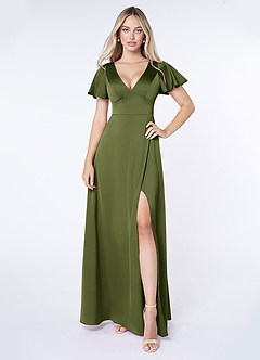Azazie Lani Bridesmaid Dresses Olive A-Line Flounce Sleeve Stretch Satin Dress image1