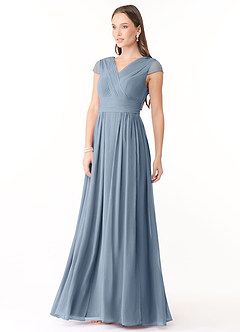 Azazie Organa Robes de demoiselle d'honneur Robe Trapèze en Mousseline de soie Plissée Bleu Poussiéreux image3