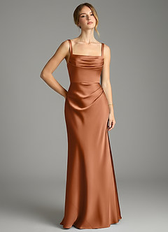 Azazie Alouette Bridesmaid Dresses Copper Mermaid Pleated Stretch Satin Dress image1
