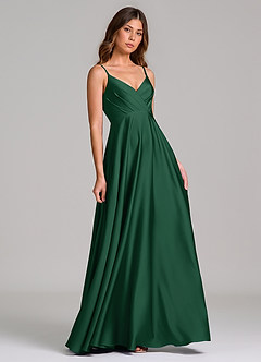 Azazie Amani Bridesmaid Dresses Dark Green A-Line Pleated Stretch Satin Dress image1