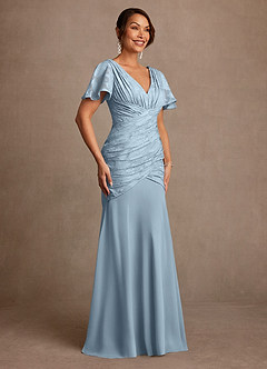 Azazie Jolene Mother of the Bride Dresses Sky Blue Mermaid Pleated Floral Burnout Dress image3