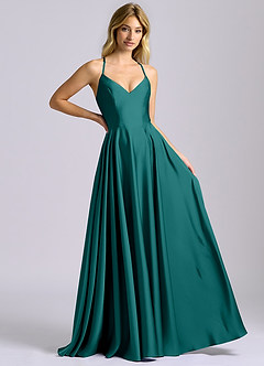 Azazie Truce Bridesmaid Dresses Peacock A-Line Stretch Satin Dress image6