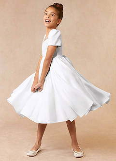Azazie Anirra Flower Girl Dresses Ball-Gown Pleated Matte Satin Tea-Length Dress image2