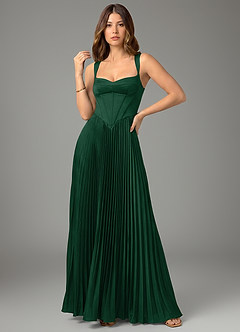 Azazie Avenelle At-home Try On Dresses Dark Green A-Line Corset Stretch Satin Dress image4