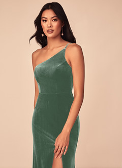 Azazie Kala Bridesmaid Dresses Eucalyptus A-Line One Shoulder Velvet Dress image6