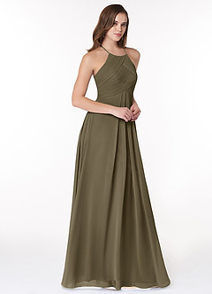 Azazie Ginger Vestidos de damas de honor Vestido de Verde Sauce de Gasa de Corte en A con Halter Plisado image1