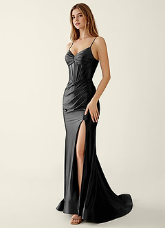 Indigo Black Satin V-neck Sequins Mermaid Prom Dress image5