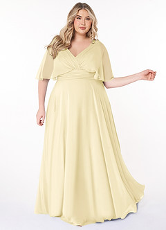 Azazie Pamela Robes de demoiselle d'honneur Robe Trapèze en Mousseline de soie Col V plissé Sorbet Citron image8