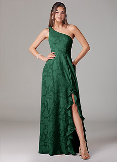 Azazie Ellianna Bridesmaid Dresses Dark Green A-Line One Shoulder Floral Burnout Dress image1