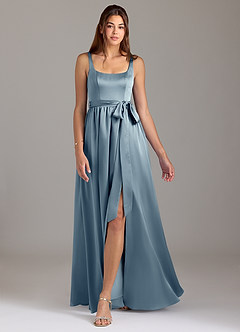 Azazie Elliott Bridesmaid Dresses Dusty Blue A-Line with Pockets Stretch Satin Dress image5