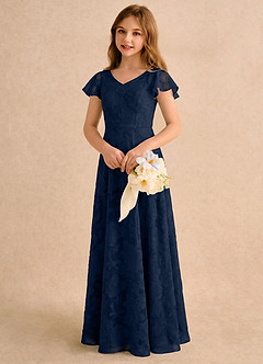 Azazie Narin Girls Formal Robe Demoiselle D'honneur Fillette Robe Trapèze en Blumen-Burnout avec manches Bleu Marine Foncé image4