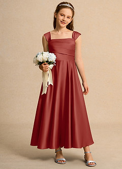 Azazie Bundle Girls Formal Flower Girl Dresses Terracotta A-Line Pleated Matte Satin Dress image3
